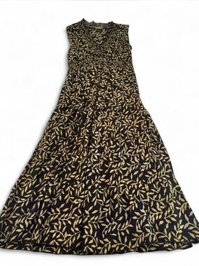 Vintage Black Midi Dress with Cream Leaf Print